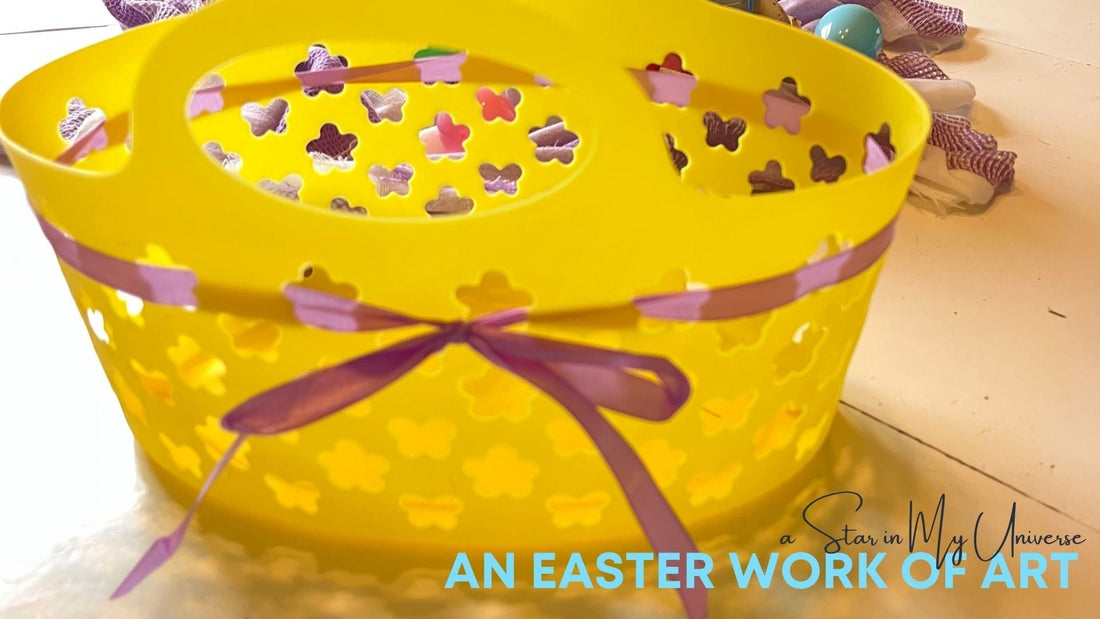 yellow dollar tree basket with lavender ribbon