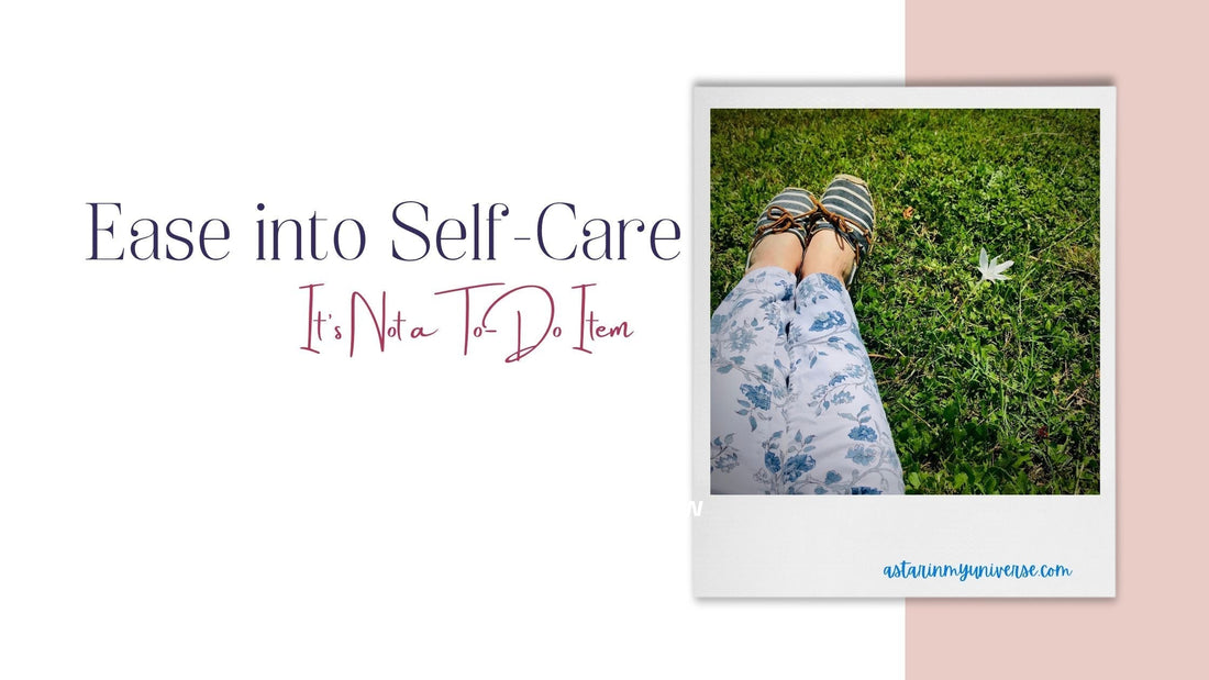 a relaxing picture of women's legs from the knees down, her feet are wearing blue deck shoes and are sitting in fresh green grass with a few spring flowers