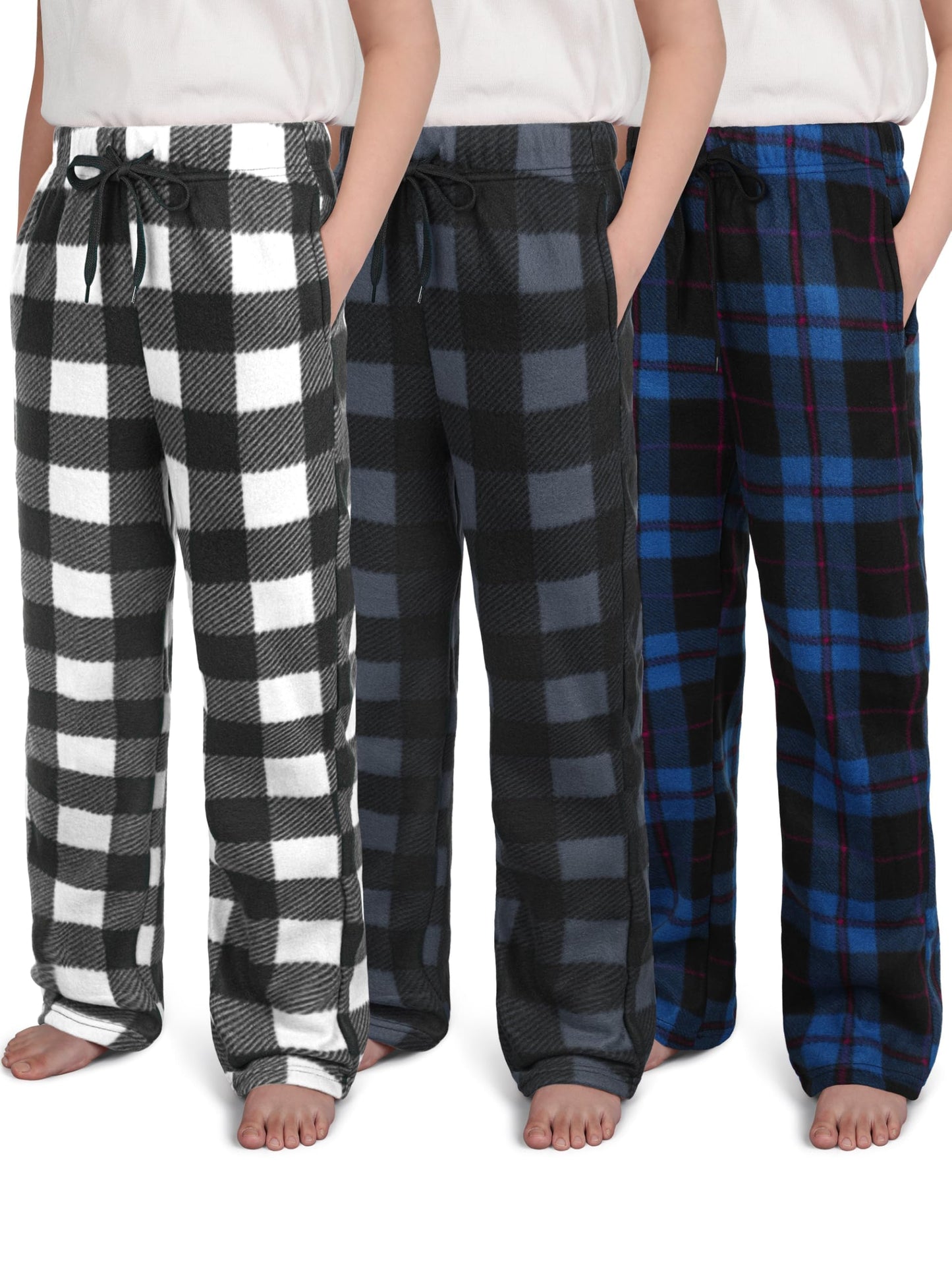 IHU 3 Pack Boys Pajama Pants Kids Micro Fleece Pj Bottoms Sleepwear Plaid Lounge Pant with Drawstring Pockets Boy Clothes